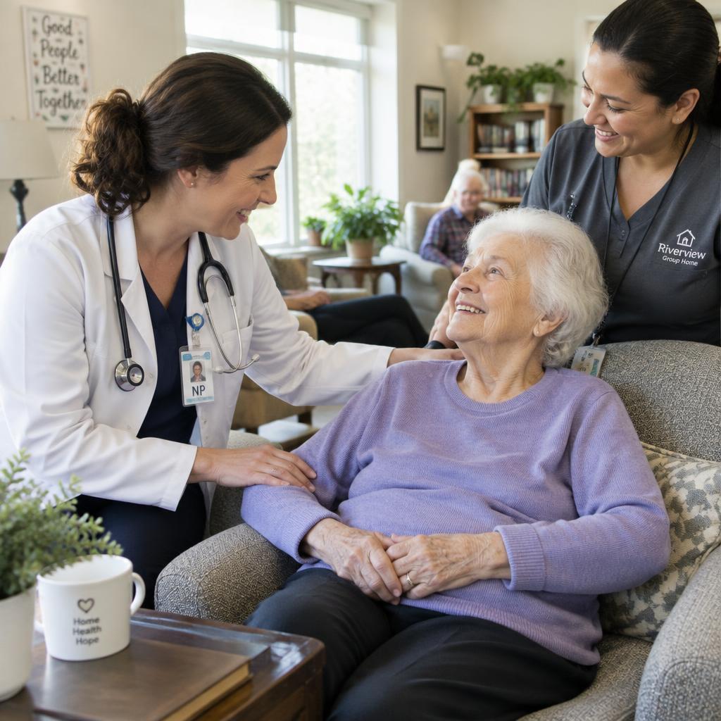 A nurse practitioner visiting a resident in a bright group home common room